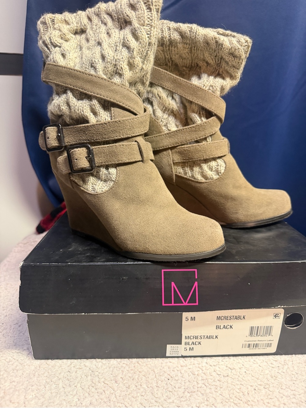 Material Girl Beige/Taupe Wedge Booties with Knit Cuff